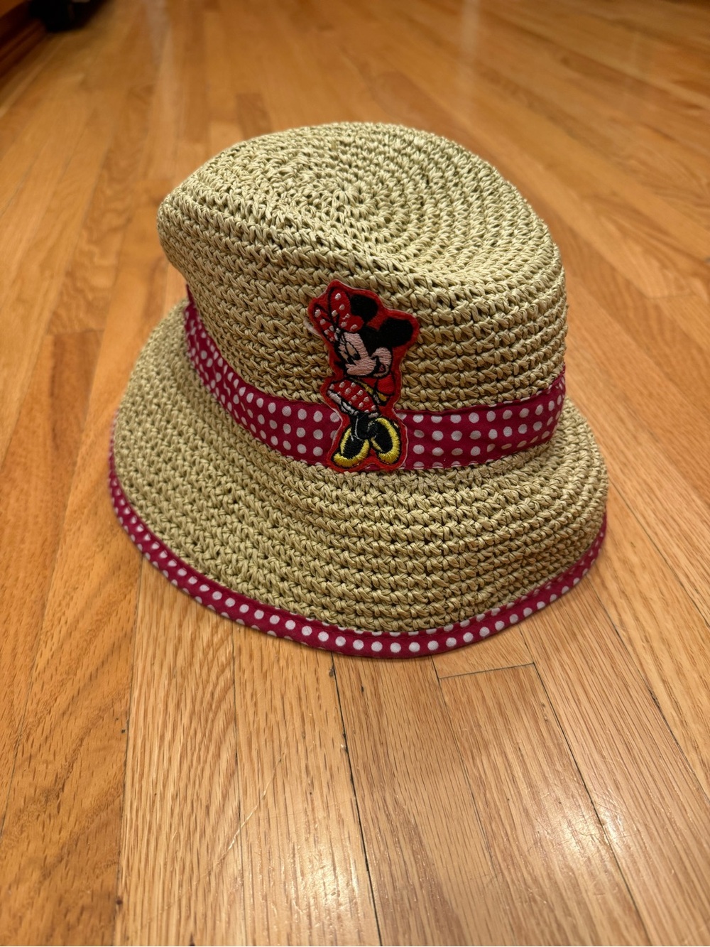 Minnie Mouse Straw Sun Hat with Pink Polka Dot Trim and Minnie Patch